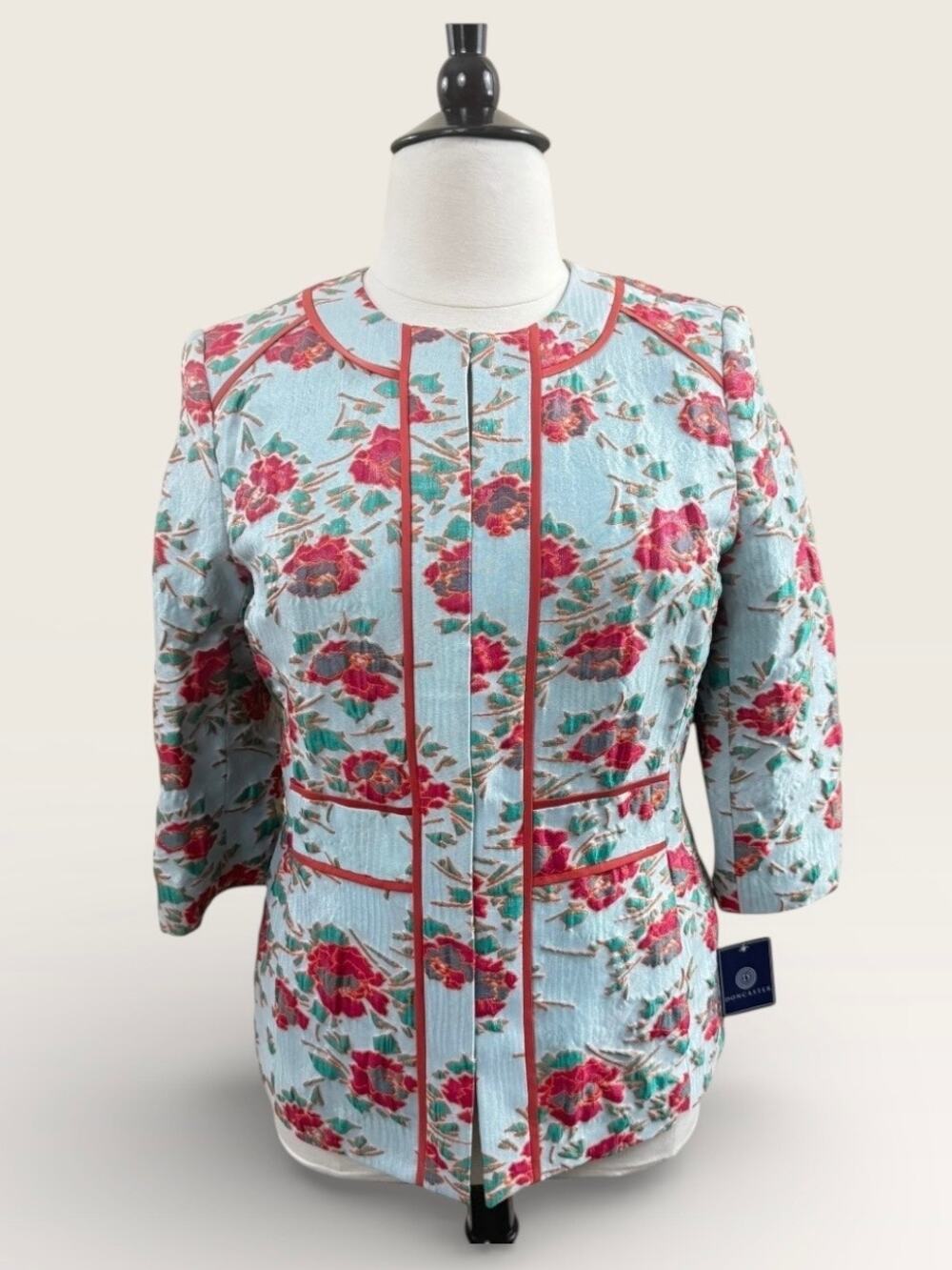 Doncaster Light Blue with Red Floral “Lady-Jacket”, Pockets & 3/4 Sleeve, Sz 12